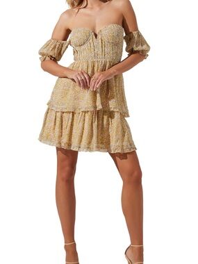 ASTR The Label Yellow Floral Off-Shoulder Tiered Mini Dress